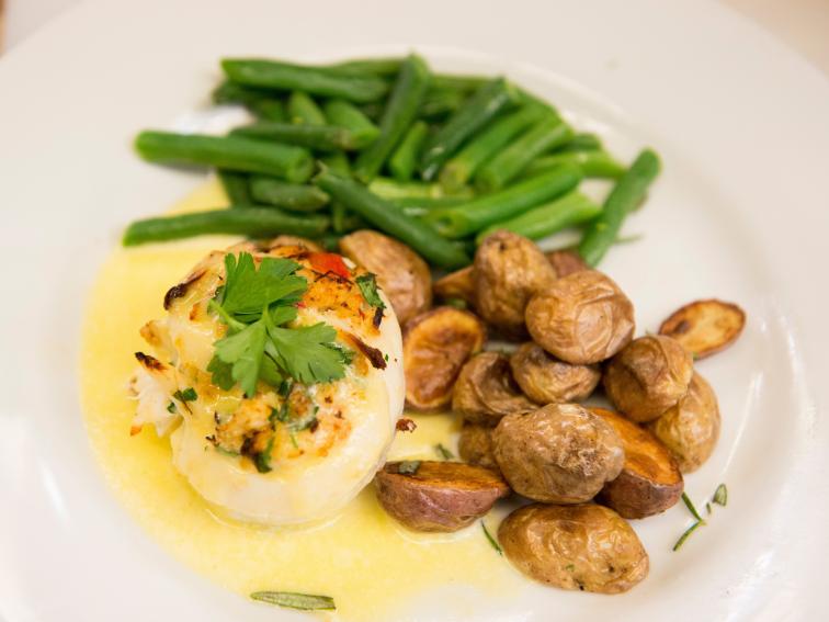Halibut Crab Cake Roulade with a Lemon Cream Sauce, Green Beans and Truffle Roasted Potatoes