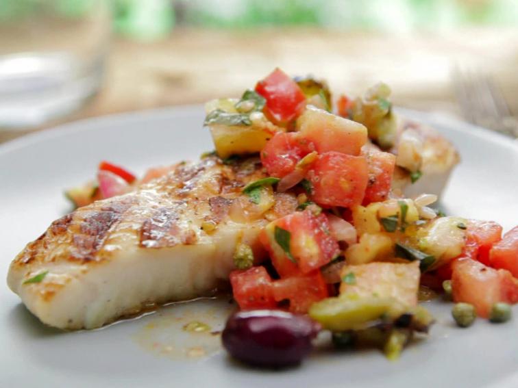 Basil Rubbed Halibut with Puttanesca Relish Recipe Bobby Flay Food Network