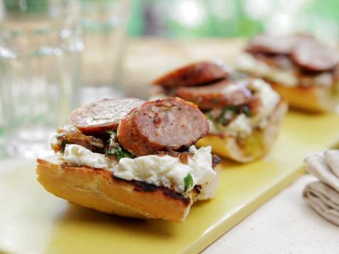 Grilled Sausages with Grilled Shallot Relish with Fresh Ricotta and Toasted Baguette