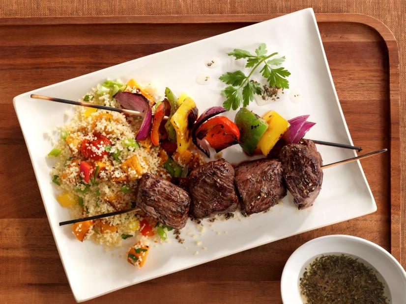 Bison Sirloin Steak And Vegetable Kabobs With Couscous Salad Recipe Food Network