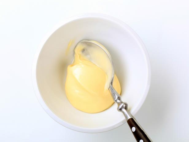 Bowl of homemade mayonnaise - overhead view