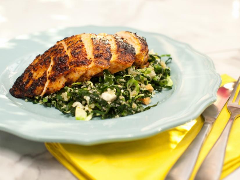 Chile Rubbed Chicken Breast with Kale, Quinoa, and Brussels Sprouts Salad as prepared by Marcela Valladolid as seen on Food Network's The Kitchen, Season 1.