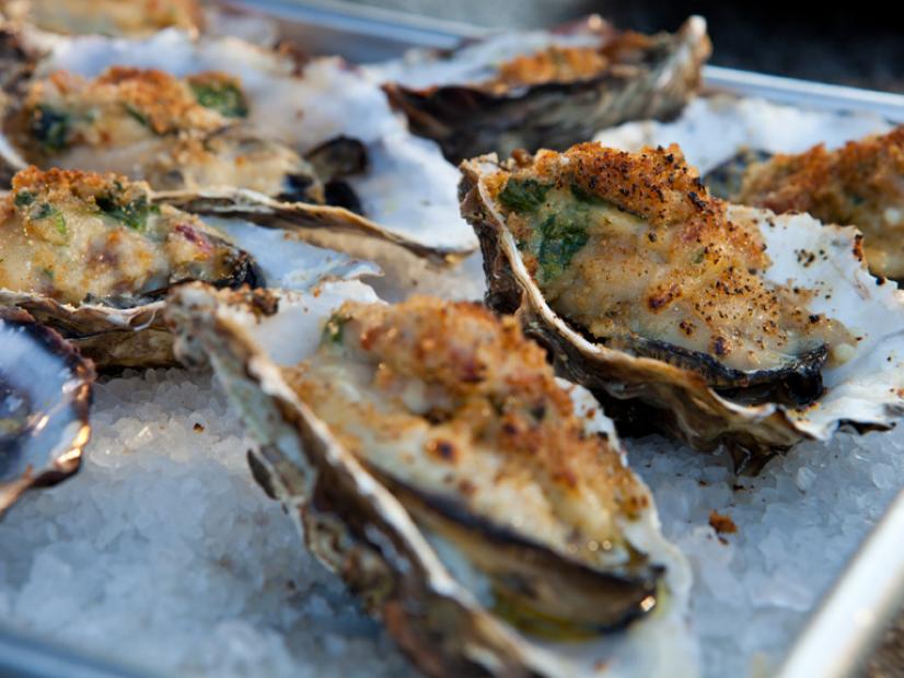 Grilled Oysters Rockefeller With Baby Spinach Bacon Fondue Recipe Guy Fieri Food Network