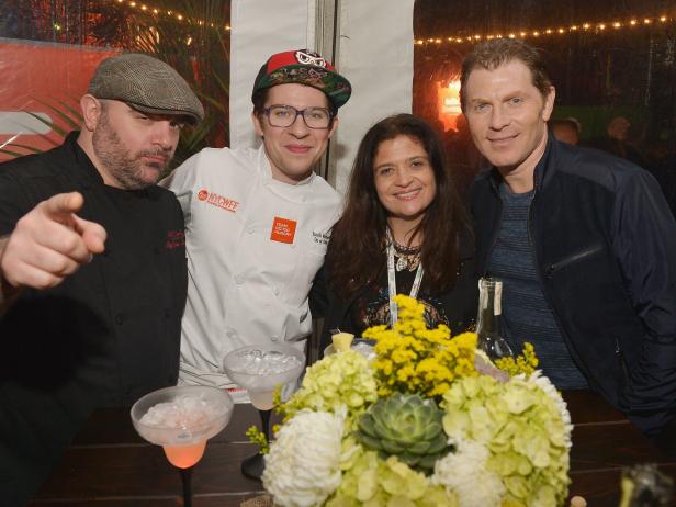 NEW YORK, NY - OCTOBER 18:  Chefs Chris Santos, Justin Warner, Alex Guarnaschelli and Bobby Flay attend the CASAMIGOS Tequila presents Tacos & Tequila: A Late Night Fiesta hosted by Bobby Flay during the New York City Wine & Food Festival at Esurance Rooftop Pier 92 on October 18, 2014 in New York City.  (Photo by Gustavo Caballero/Getty Images for NYCWFF)