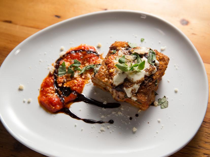 Bobby Flay's completed eggplant parm as seen on Food Network's Beat Bobby Flay, Season 3.