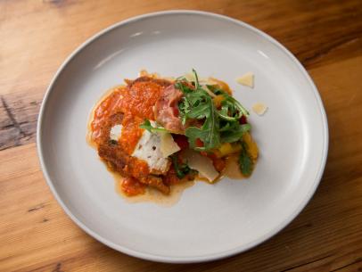 Chef Mychael Bonner's completed eggplant parm as seen on Food Network's Beat Bobby Flay, Season 3.