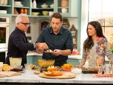 Co-Hosts Geoffrey Zakarian, Jeff Mauro and Katie Lee on set, as seen on Food Networkâ  s The Kitchen, Season 4.