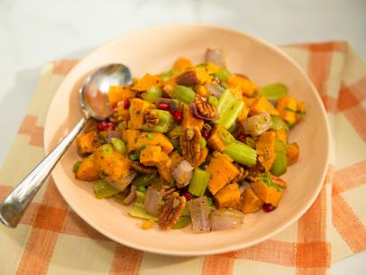 Food Beauty of sweet potato and pecan salad with celery and grapes as seen on Food Network’s The Kitchen, Season 4.