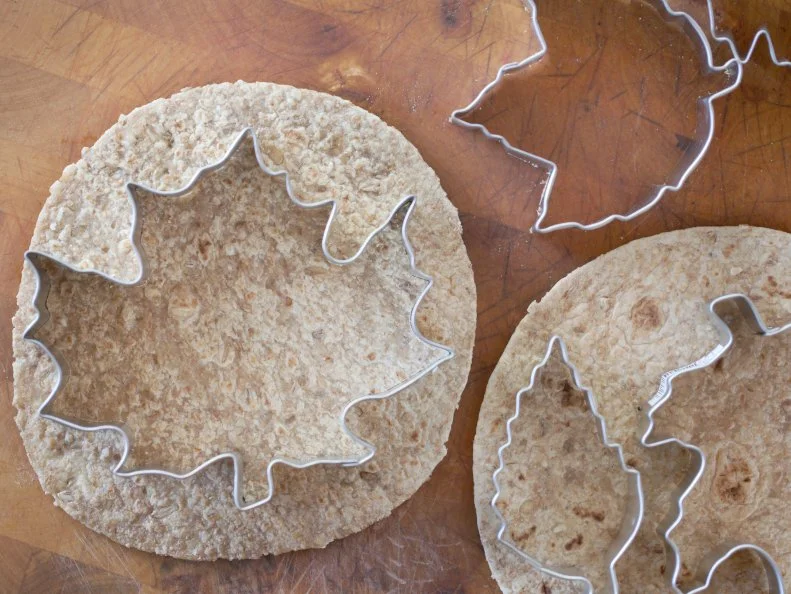 Leaf Shaped cookie cutters used to make chip crackers made from whole grain tortillas