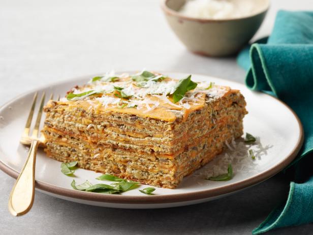 Jeff Mauro's Sweet Potato and Mushroom Lasagna for the Healthy Fresh Start episode of The Kitchen, as seen on Food Network.