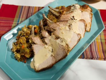 Food Beauty of a crown roast of pork, during a holiday theme episode, as seen on Food Network’s The Kitchen, Season 4.