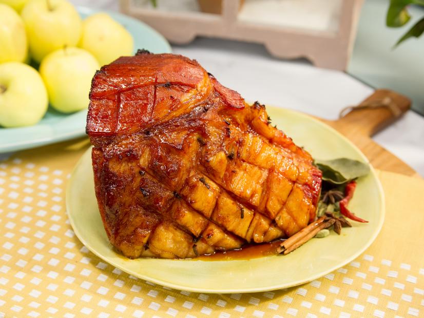 Food beauty of Sunny's apple bourbon glazed ham from a Holiday theme episode, as seen on Food Network’s The Kitchen, Season 4.