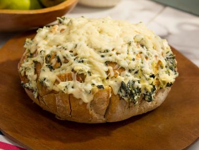 Food beauty of artichoke cheesy bread from a Holiday theme episode, as seen on Food Network’s The Kitchen, Season 4.