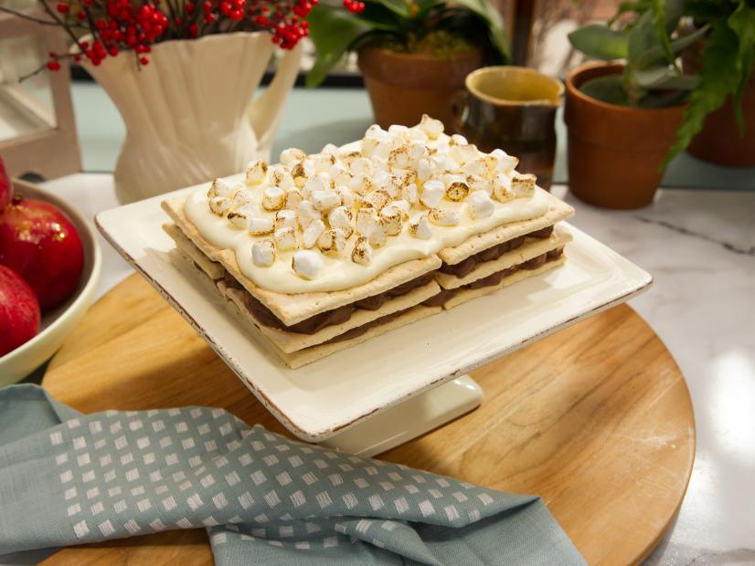 Food beauty of s'mores ice box cake from a Holiday theme episode, as seen on Food Network’s The Kitchen, Season 4.