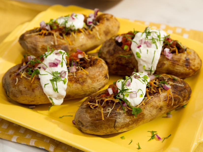 Food beauty of taco stuffed baked potato from a Holiday theme episode, as seen on Food Network’s The Kitchen, Season 4.
