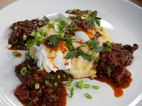 Beef Grillades with Cheesy Fresh Corn and Sweet Onion Grits