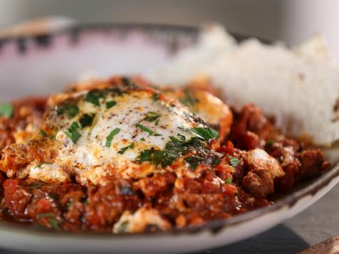 Moroccan Eggs with Flatbread and Goat Cheese