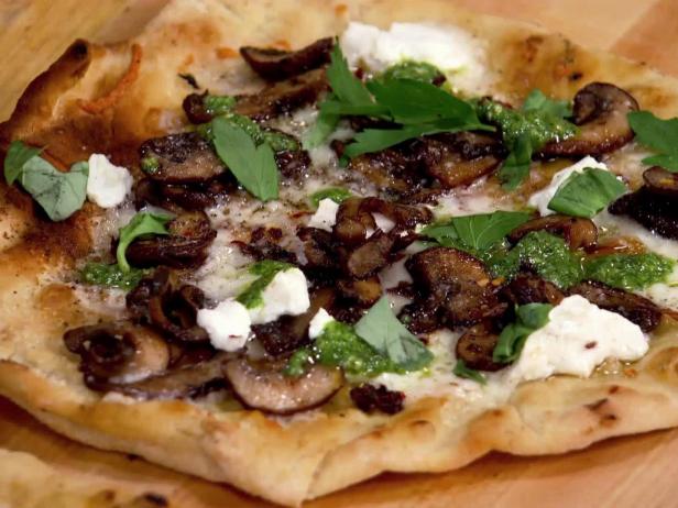 Pizza with Parsley Pesto, Cremini Mushrooms, Fontina and Goat Cheese image