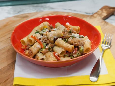Rigatoni with Spicy Chicken Sausage, Asparagus, Eggplant, and Roasted Peppers
