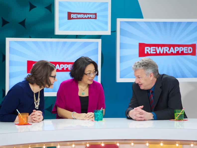 Judge and Pastry Chef Jenny McCoy (L), Judge and President of Pepperidge Farm Irene Chang Britt, and Judge Marc Summers during the competition of Round 1, the recreation of the classic Pepperidge Farm Mint Milano Cookies, as seen on Food Network's Rewrapped, Season 1.