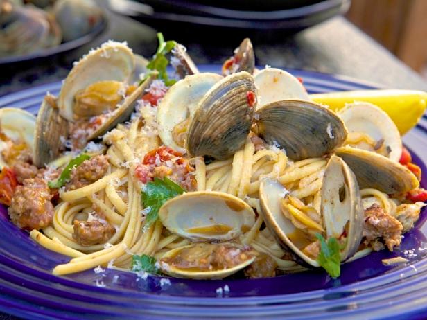 Pasta with Clams, White Wine and Spicy Italian Sausage Recipe | Guy Fieri |  Food Network