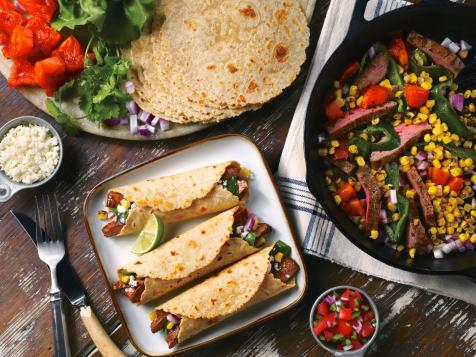 Charred Corn and Heirloom Tomato Steak Fajitas