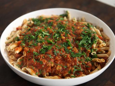 Chorizo and Chickpea Sauce with Rice Pasta