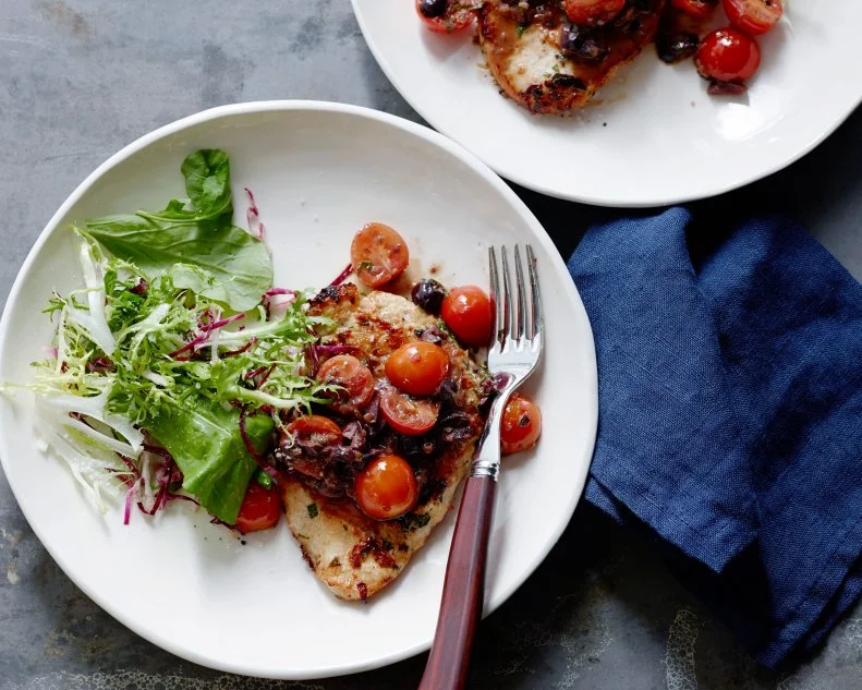 PAN SEARED CHICKEN WITH OLIVESGeoffrey ZakarianThe Kitchen/The Kitchen HelplineFood NetworkChicken Breasts, Olive Oil, FlatleafParsley, Shallots, Garlic, Cherry Tomatoes, Basil, KalamataOlives, Sherry Vinegar, Chicken Broth, Dijon Mustard