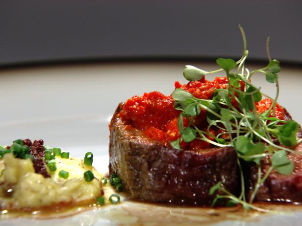 Bison Tenderloin with Piquillo Pepper Pesto and Tapenade 