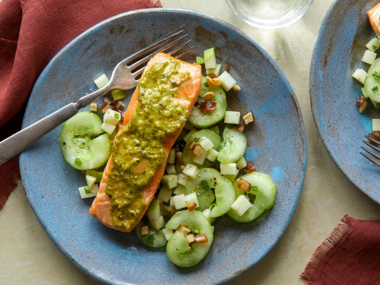 PestoRubbed Baked Salmon with Smashed Cucumber and Green Apple Salad