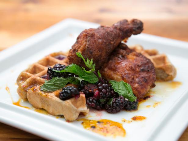 Battered Fried Chicken And Waffles With Bourbon Tangerine Syrup Recipe Bobby Flay Food Network