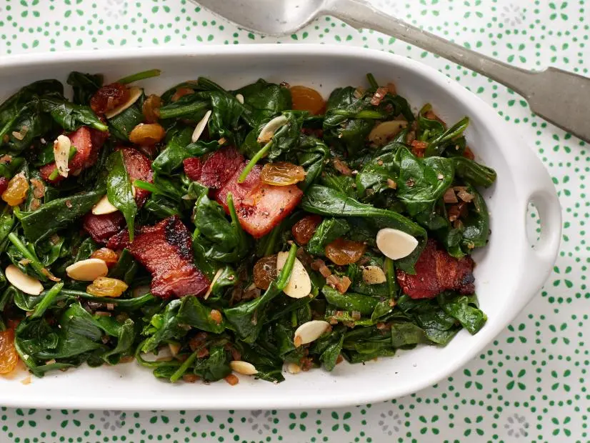Food Network Kitchen's Healthy Spinach with Almonds, Paprika and Golden Raisins for Healthy Vegetable Side Dishes as seen on Food Network