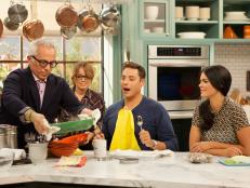 Geoffrey Zakarian serves "Shrimp and Artichoke Tagliatelle with Black Pepper and Pecorino" to cast members, as seen on the Food Network's The Kitchen, Season 2.