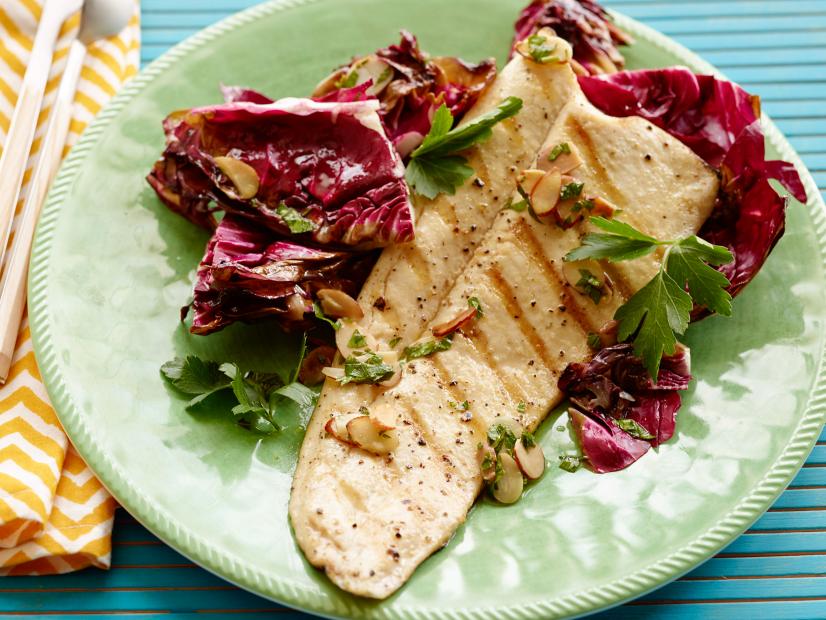 Grilled Trout Almondine with Radicchio and OrangeAlmond Vinaigrette Recipe Bobby Flay Food