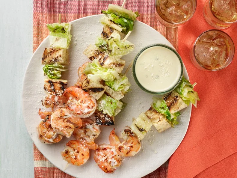 Chef Name: Food Network KitchenFull Recipe Name: Grilled Shrimp Caesar Salad SkewersTalent Recipe: FNK Recipe: Food Network Kitchenâ  s Grilled Shrimp Caesar Salad Skewers, as seen on Foodnetwork.comProject: Foodnetwork.com, SUMMER/APPETIZERS/PASTAShow Name: Food Network / Cooking Channel: Food Network