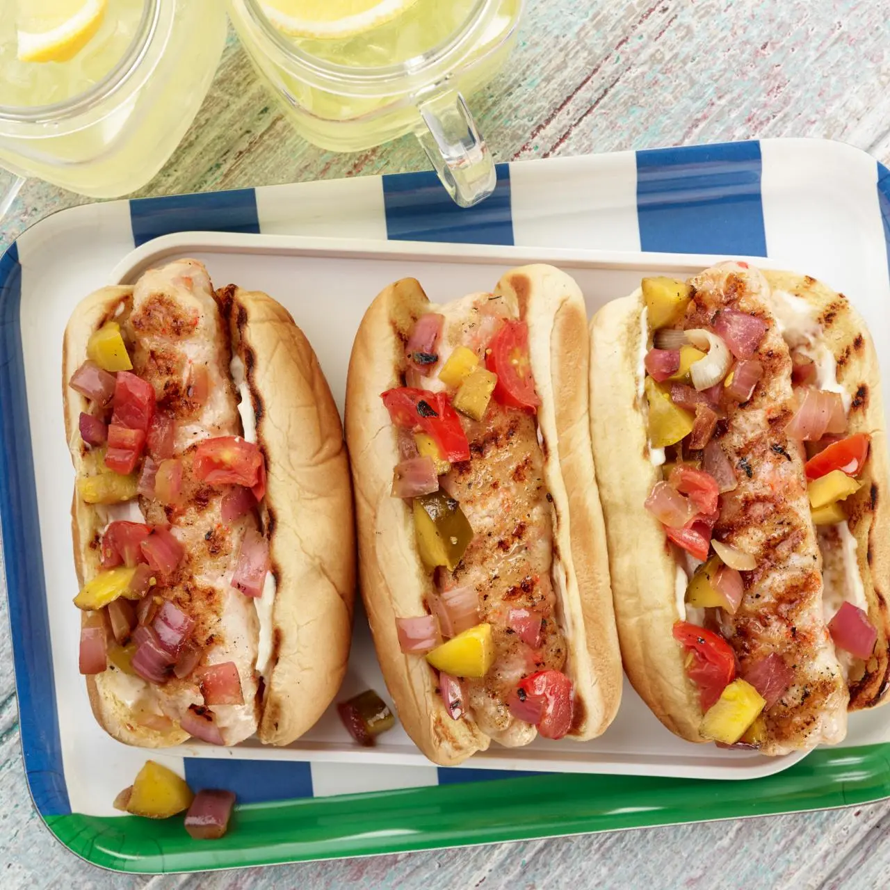 Grilled Shrimp Dogs with Grilled Vegetable Relish
