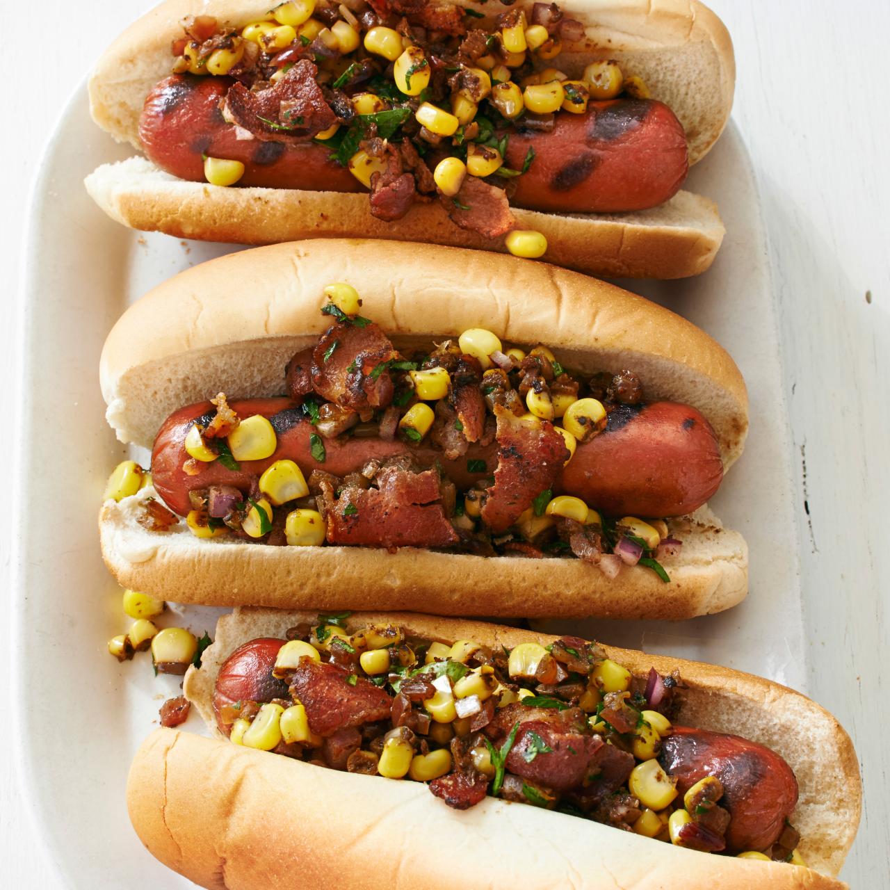 Spicy Grilled Hot Dogs with Bacon Corn Relish - Kitchen Concoctions
