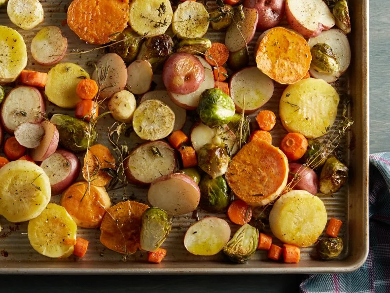 Giada De Laurentiis' Roasted Potatoes, Carrots, Parsnips and Brussels Sprouts for All Day Sunday as seen on Food Network's Everyday Italian