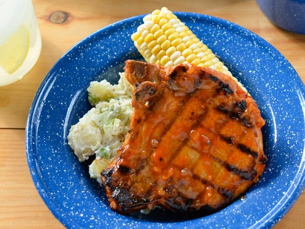 Virginia Willis' Grilled Pork Chops with Peach-Dijon BBQ Sauce for FoodNetwork.com