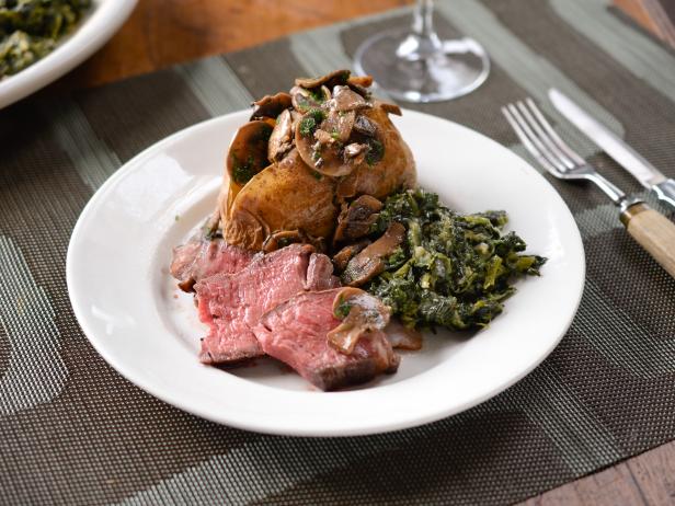 Virginia Willis' Steakhouse Rib Eyes with Creamed Spinach for FoodNetwork.com