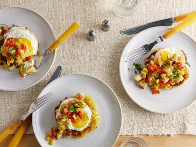 Wes Martin's Potato Cakes with Fried Eggs and Turkey-Red Pepper Hash for Leftovers as seen on Food Network