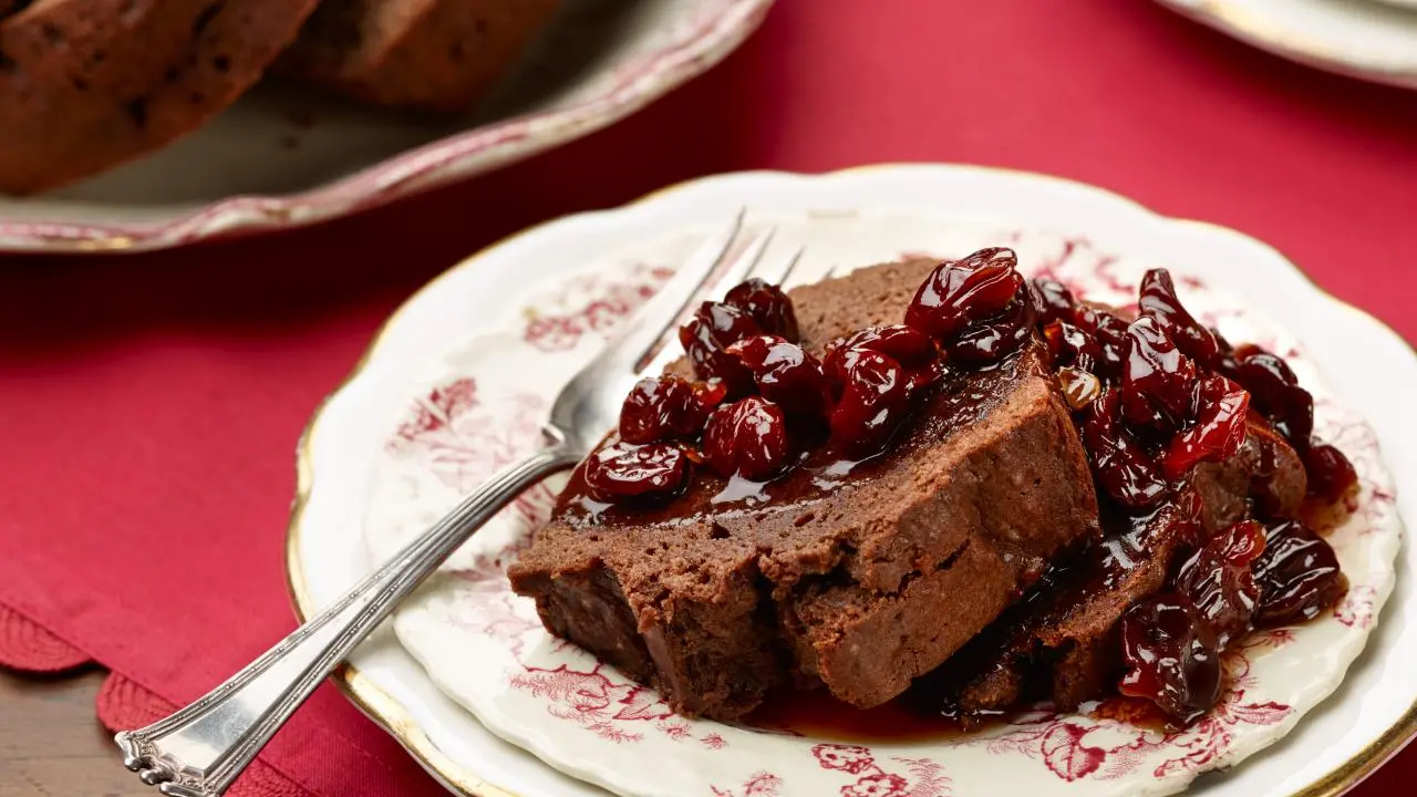 Chocolate Bundt Cake with Candied Cherry Sauce