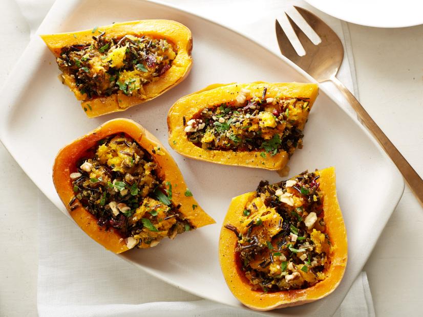 Food Network's Wild Rice Stuffed Butternut Squash For Vegan and Vegetarian Thanksgiving as seen on Food Network
