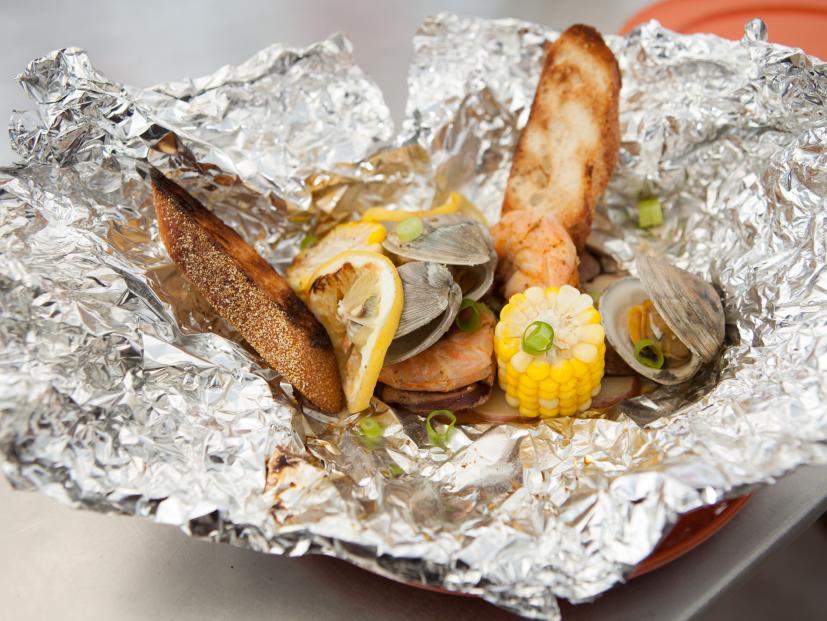 The "Low Country Boil Packet" with corn, shrimp and littleneck clams, as seen on Food Network's The Kitchen, Season 2.