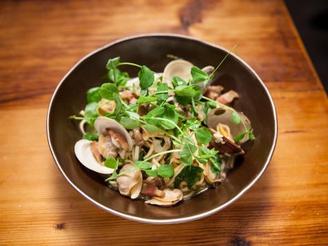 Linguine alla Chitarra with Clams, Guanciale and Pea Tendrils