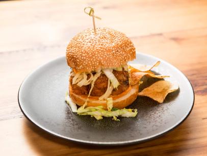 Chef Neil Fraser's signature dish, a fried chicken sandwich,that will be blind taste tested to determine if he has beaten Bobby Flay, as seen on Food Network's Beat Bobby Flay, Season 2.