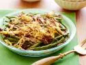 GREEN BEAN CASSEROLEFood NetworkOnion, Soy Flour, Kosher Salt, Pepper, Garlic Powder, Green Beans, Vegetable or Canola Oil,Cremini Mushrooms, Chicken Broth, Thyme Leaves, Sour Cream