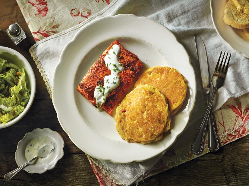 Creamy Chili Salmon w Corn Griddlecakes, shot on Jan 24, 2014 for May/June Aprons recipe cards
