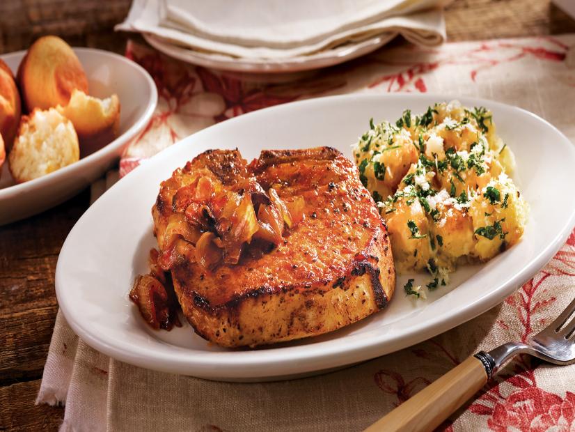 Pork Chops and Bacon Caramelized Onion Jam With Alfredo Potatoes Recipe