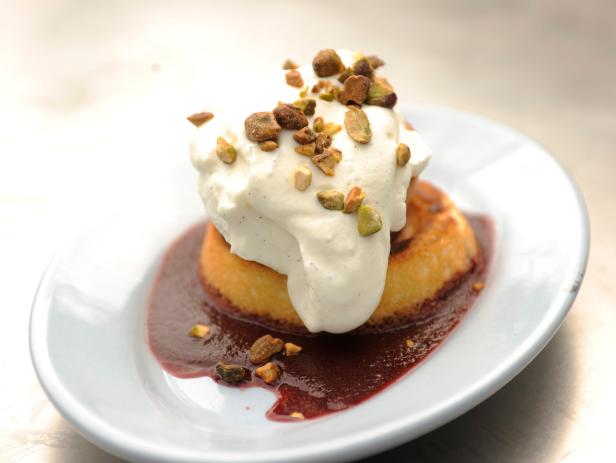 Grilled Angel Food Cake with Grilled Peaches and Cream and Cherry Coulis